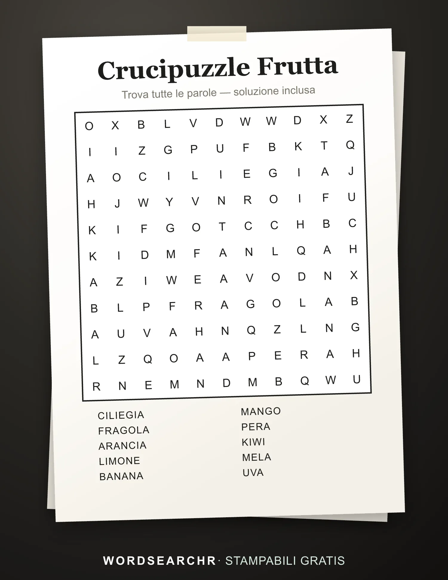 Crucipuzzle Frutta da Stampare — 10 parole, Soluzione inclusa