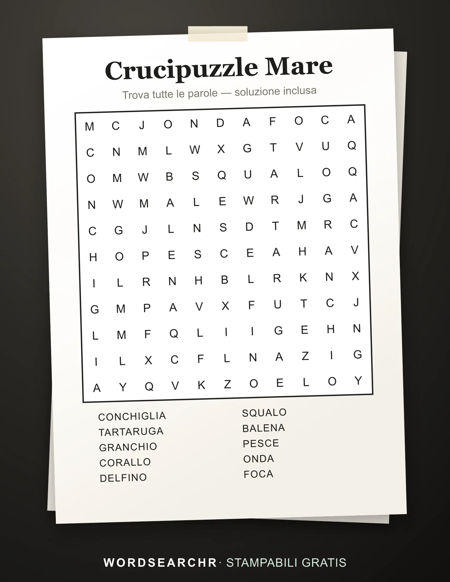 Crucipuzzle Mare da Stampare — 10 parole, Soluzione inclusa