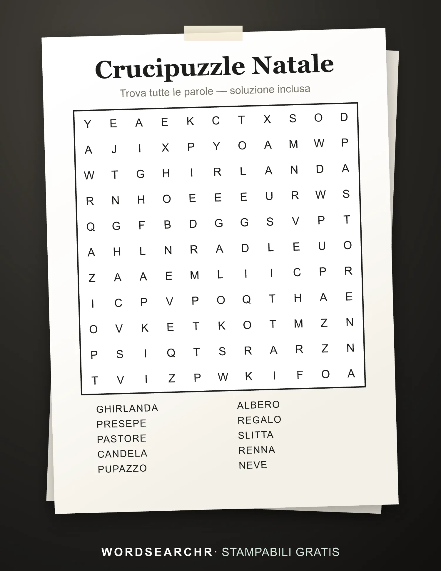 Crucipuzzle Natale da Stampare — 10 parole, Soluzione inclusa