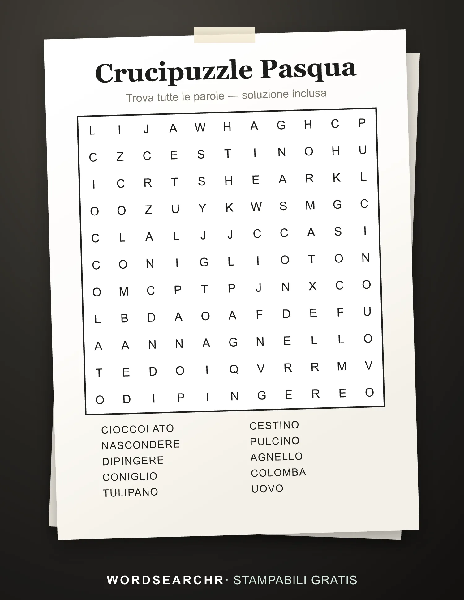 Crucipuzzle Pasqua da Stampare — 10 parole, Soluzione inclusa