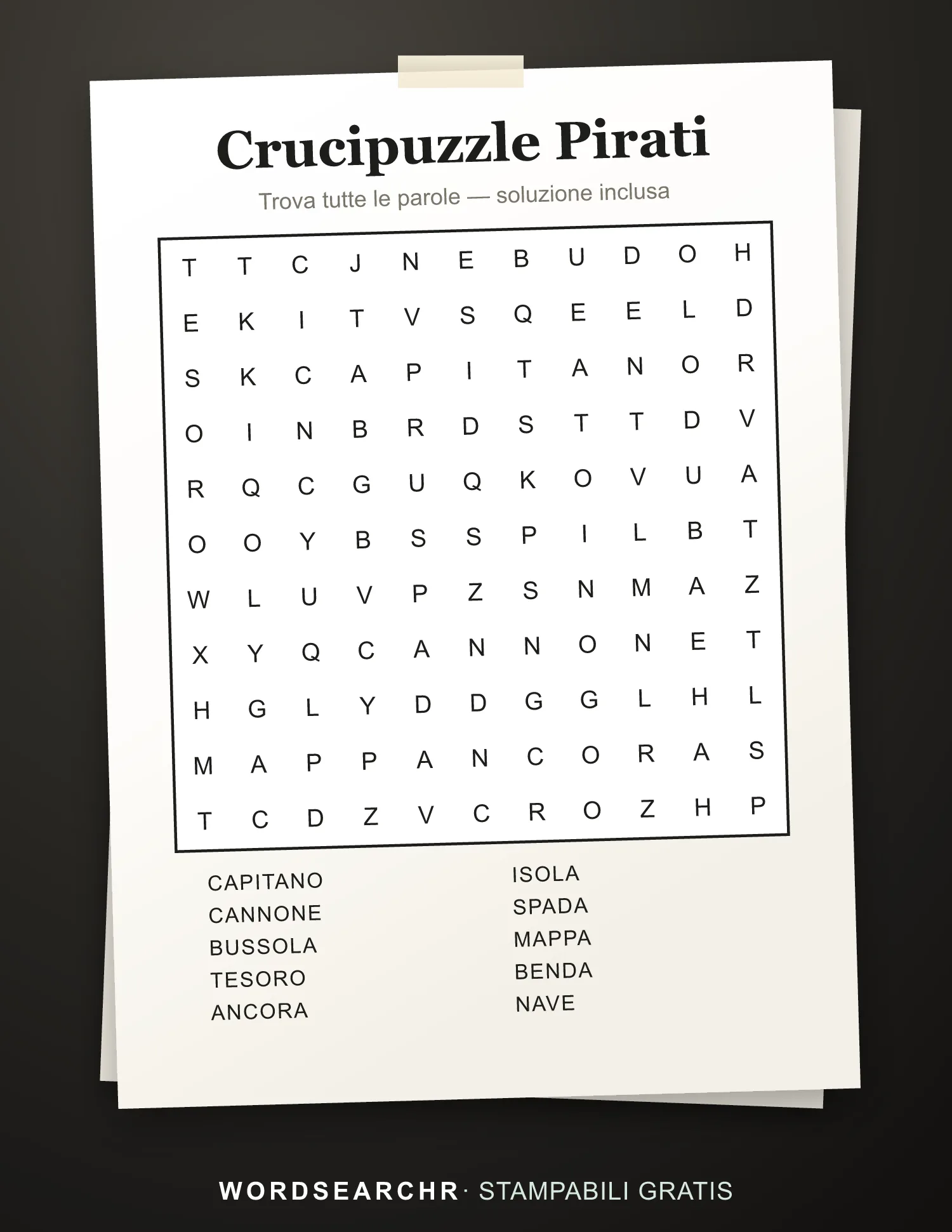 Crucipuzzle Pirati da Stampare — 10 parole, Soluzione inclusa
