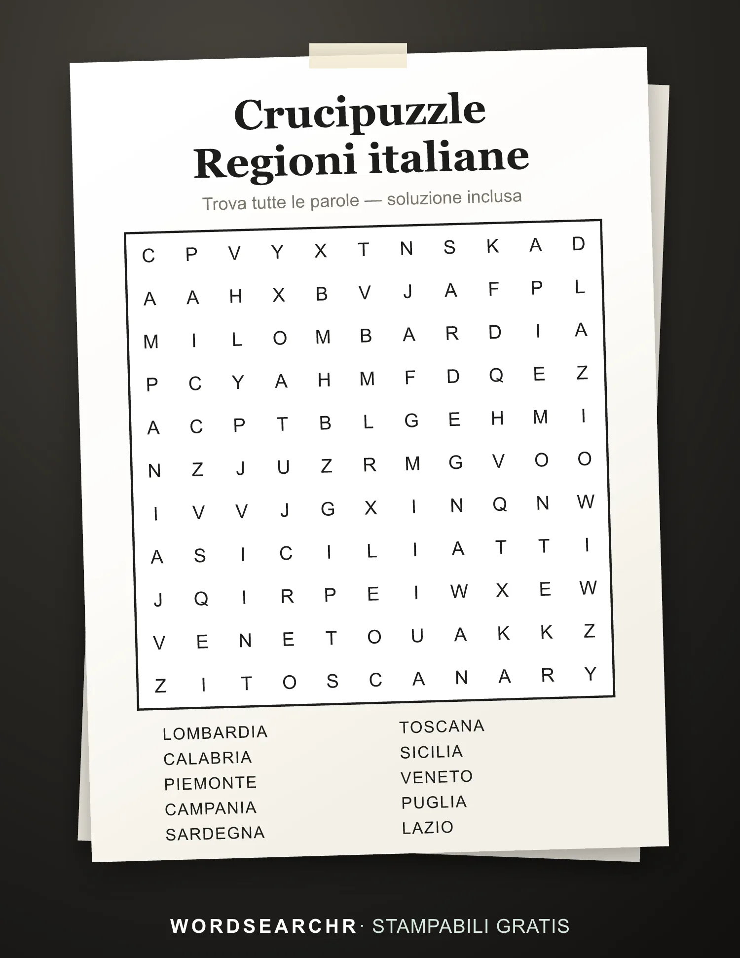 Crucipuzzle Regioni italiane da Stampare — 10 parole, Soluzione inclusa