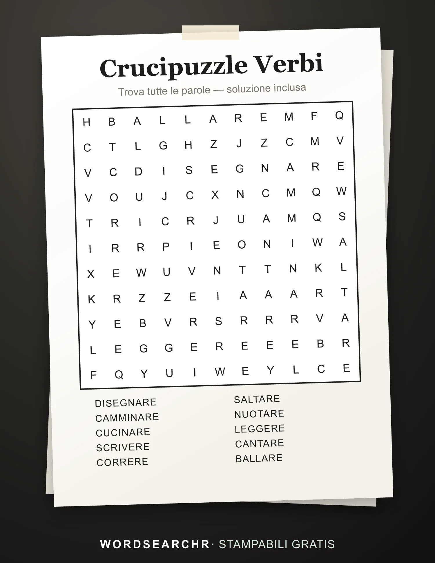 Crucipuzzle Verbi da Stampare — 10 parole, Soluzione inclusa