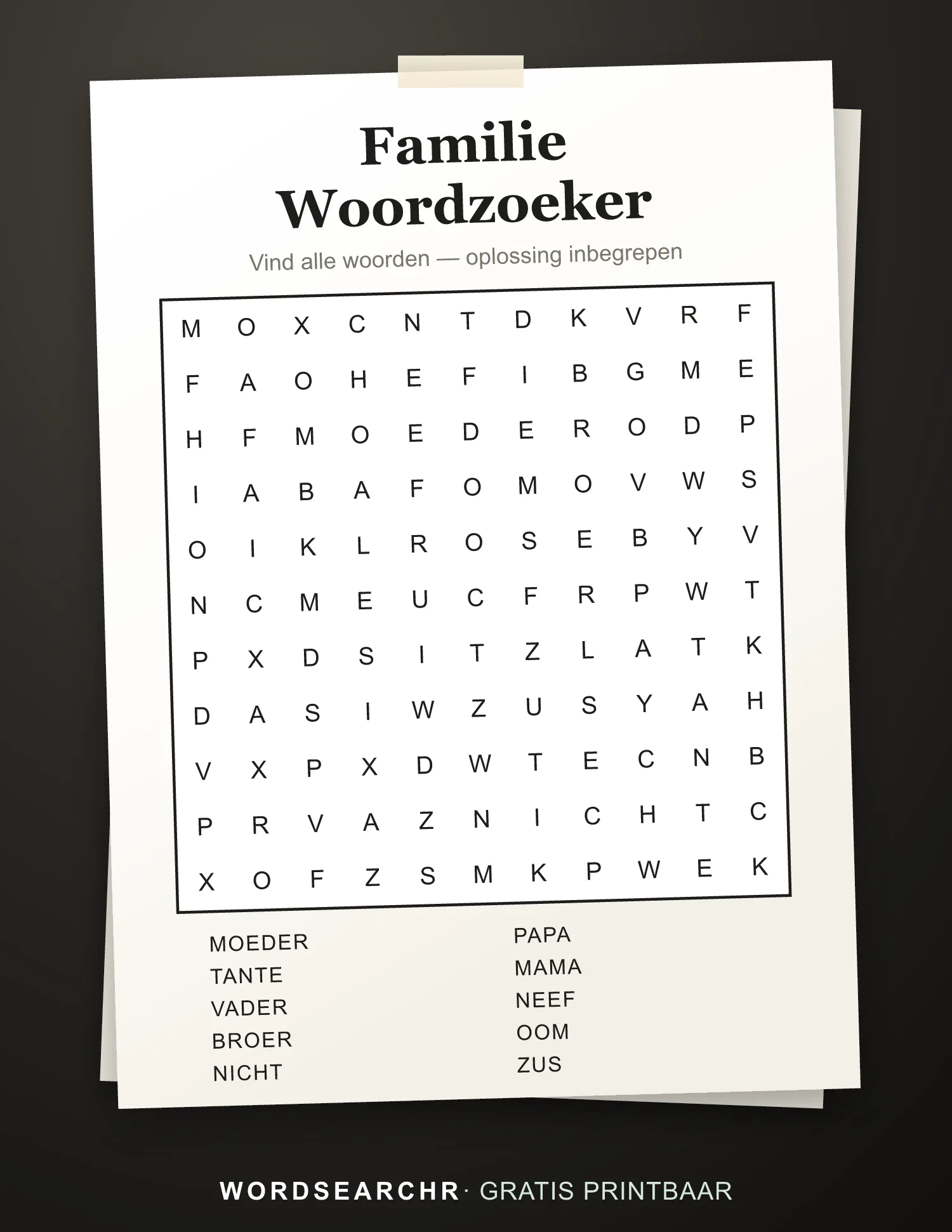 Familie Woordzoeker om te Printen — 10 woorden, Oplossing inbegrepen
