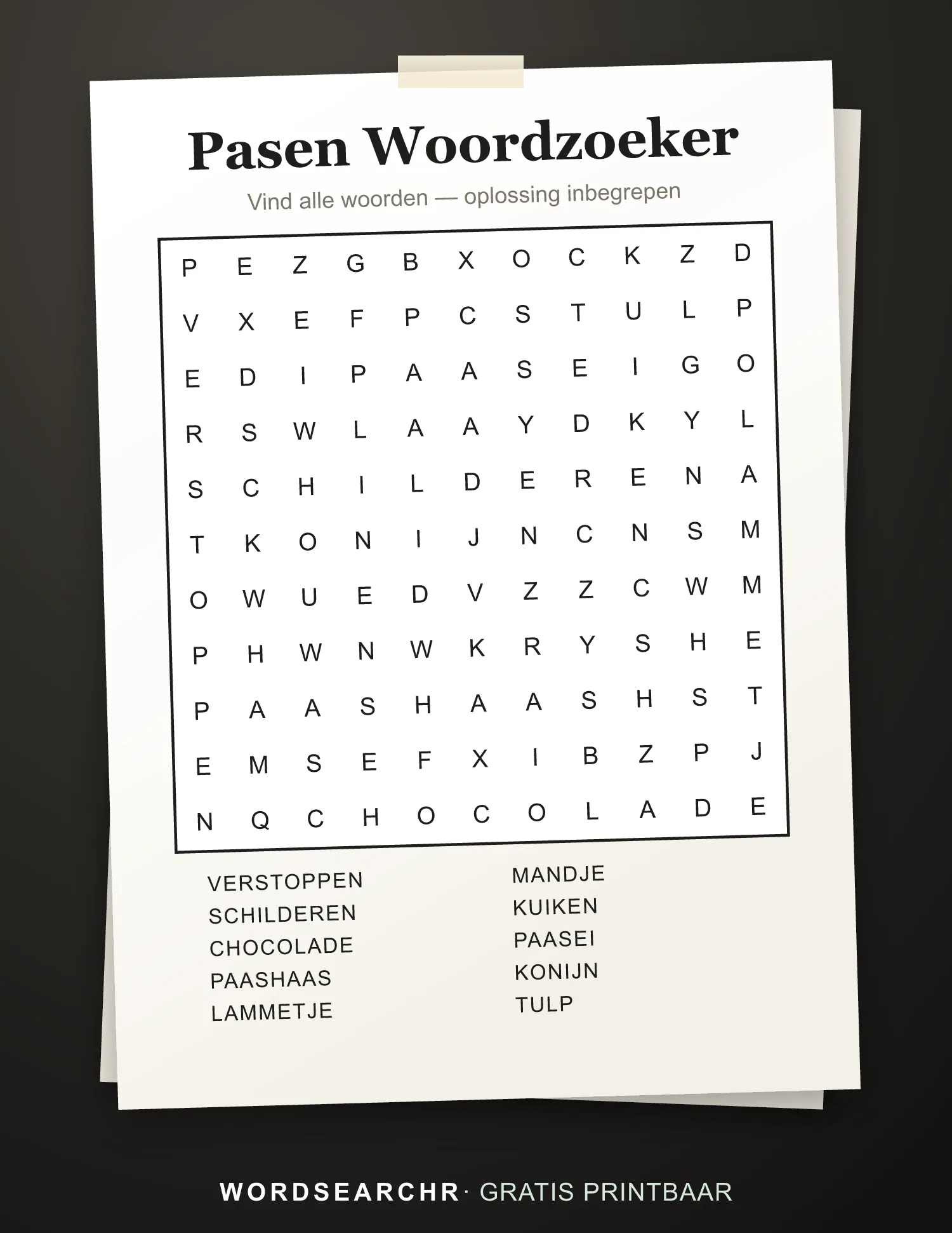 Pasen Woordzoeker om te Printen — 10 woorden, Oplossing inbegrepen
