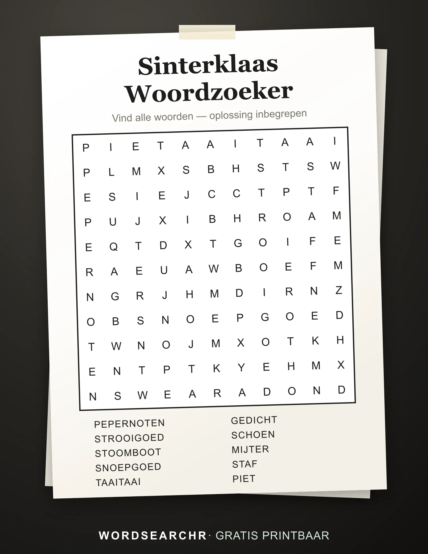 Sinterklaas Woordzoeker om te Printen — 10 woorden, Oplossing inbegrepen