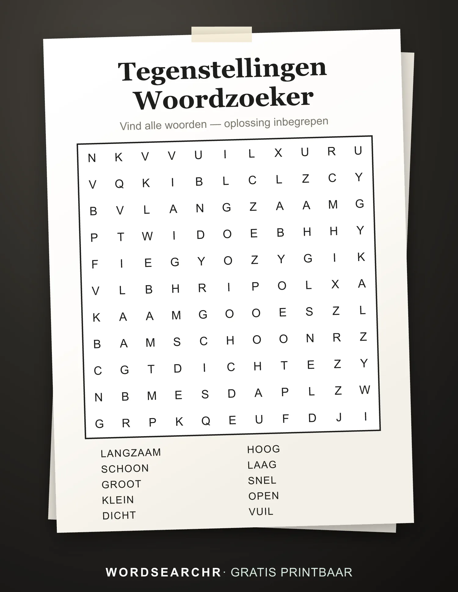 Tegenstellingen Woordzoeker om te Printen — 10 woorden, Oplossing inbegrepen