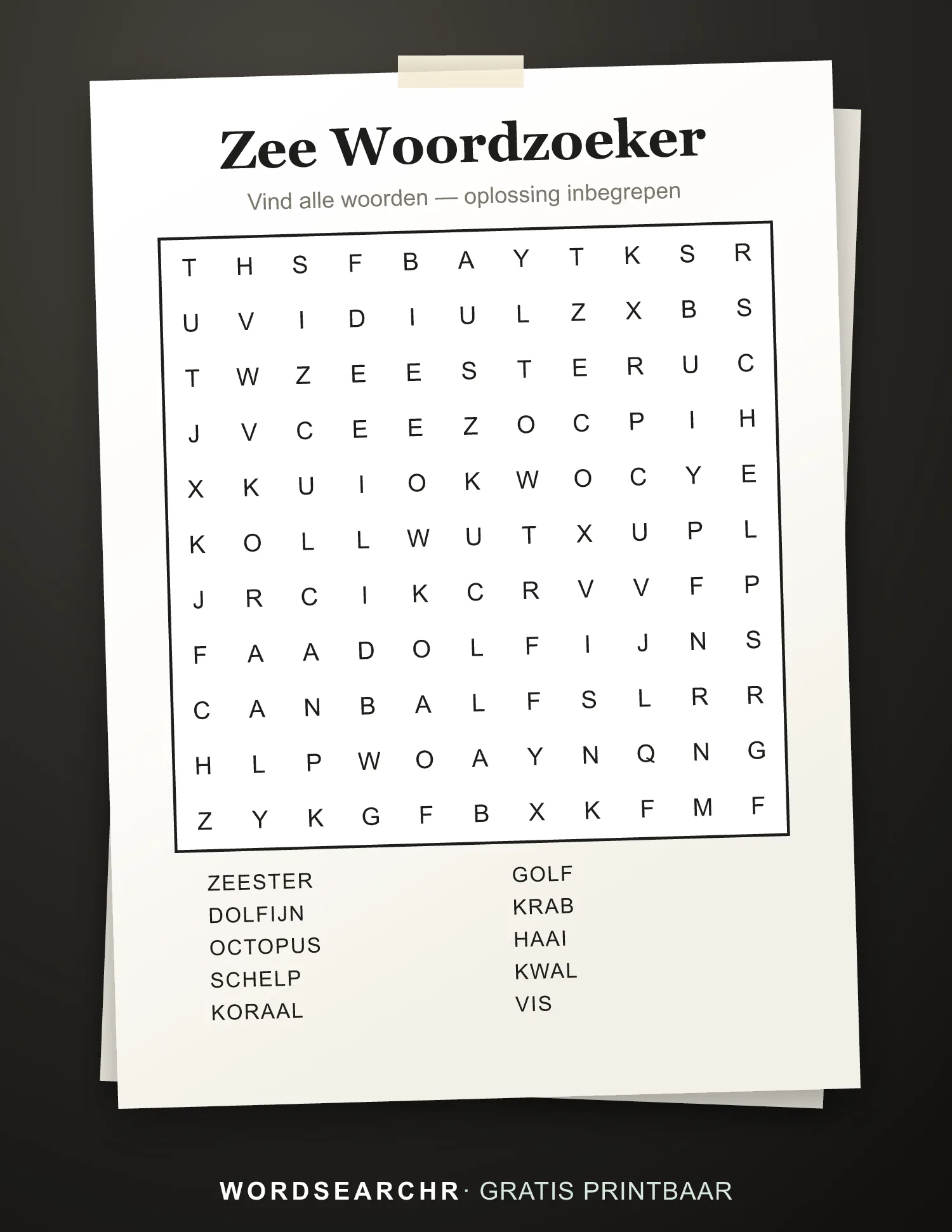 Zee Woordzoeker om te Printen — 10 woorden, Oplossing inbegrepen