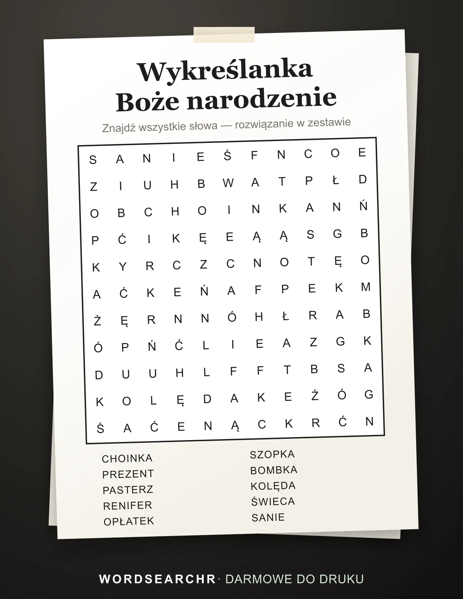 Wykreślanka Boże narodzenie do Druku — 10 słów, Rozwiązanie w zestawie
