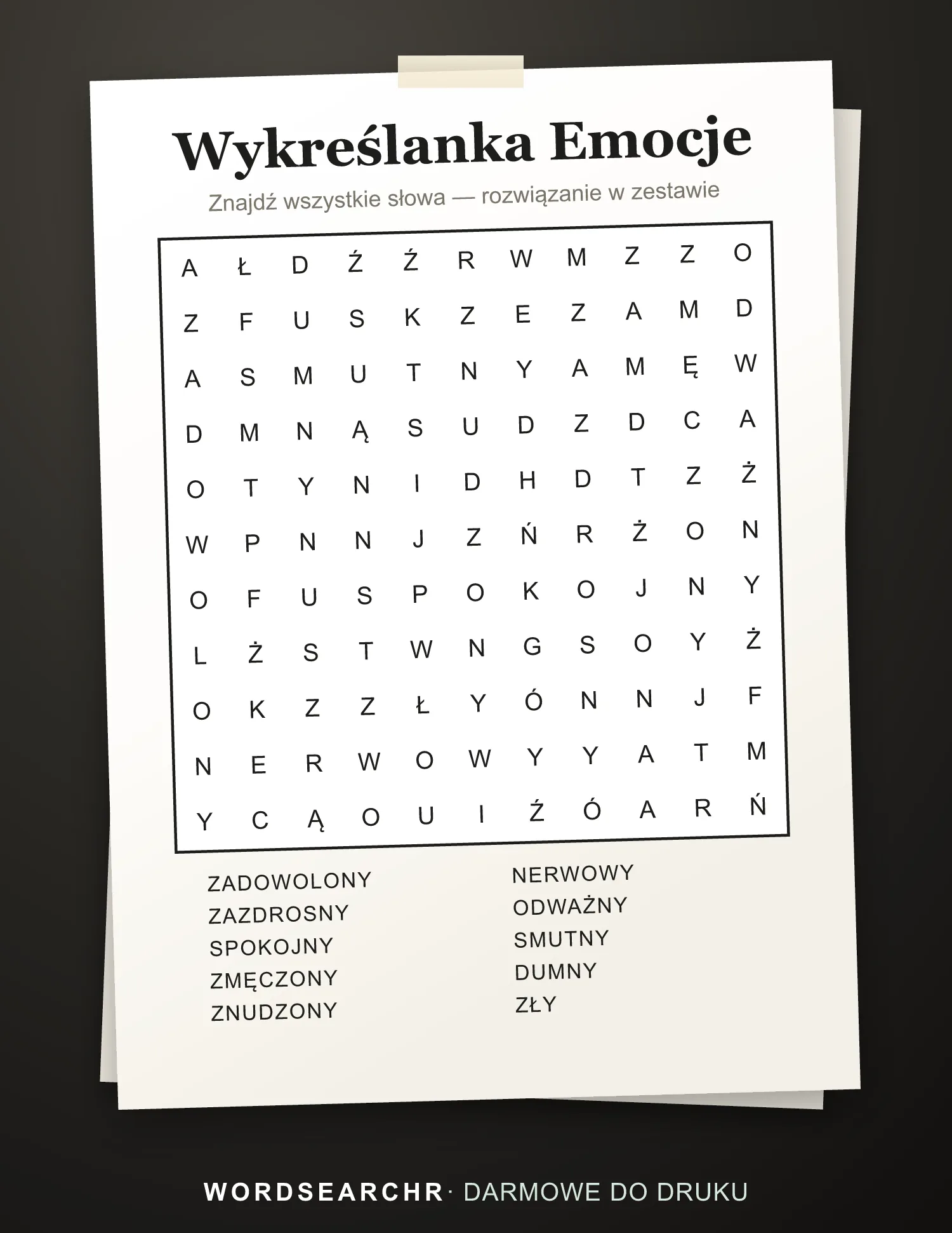 Wykreślanka Emocje do Druku — 10 słów, Rozwiązanie w zestawie
