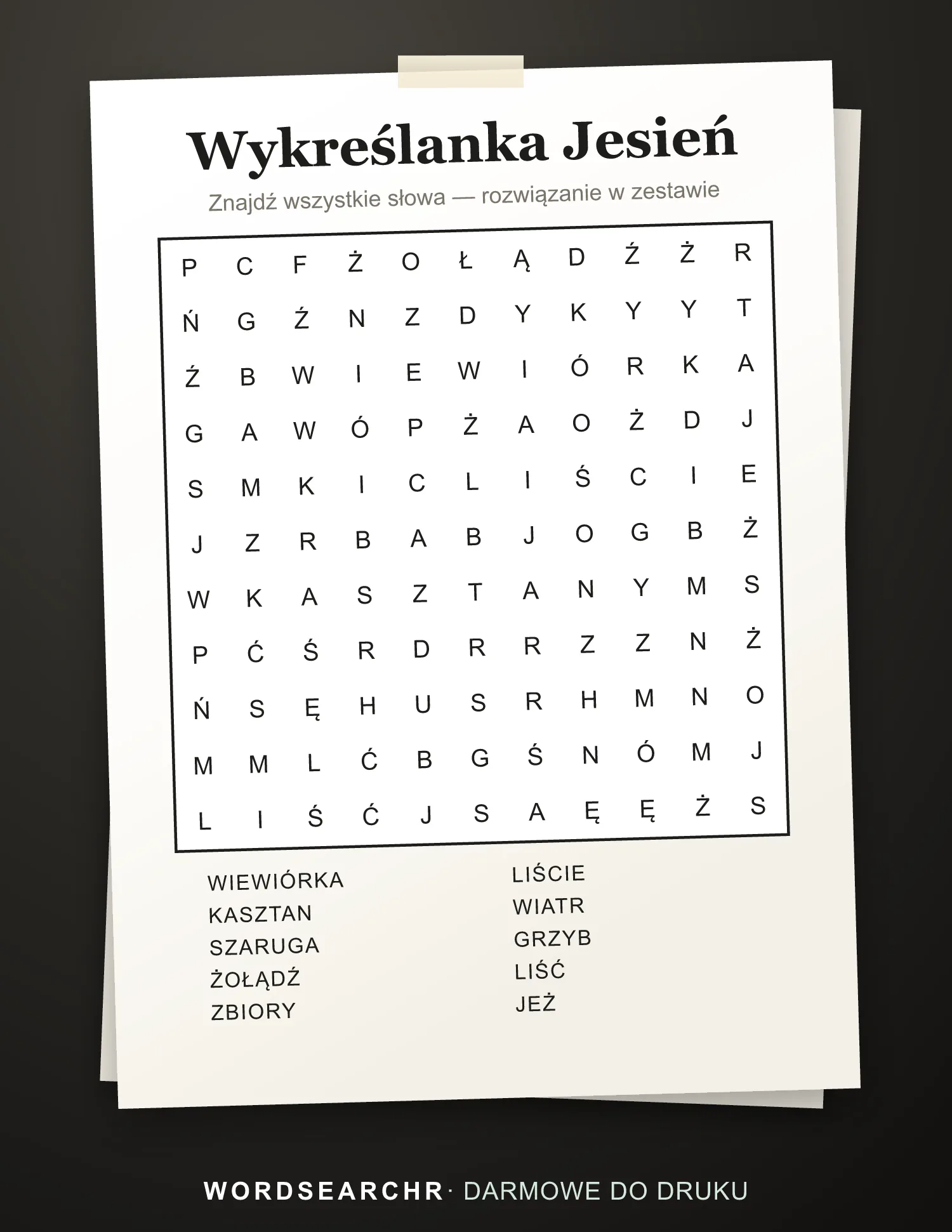 Wykreślanka Jesień do Druku — 10 słów, Rozwiązanie w zestawie