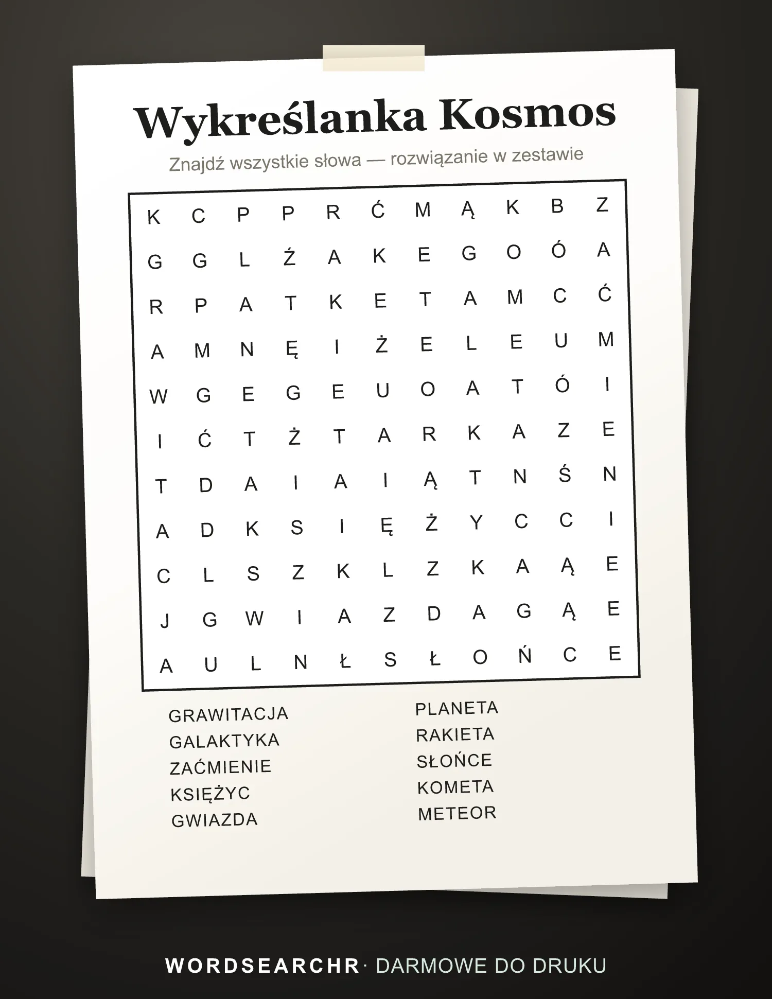 Wykreślanka Kosmos do Druku — 10 słów, Rozwiązanie w zestawie