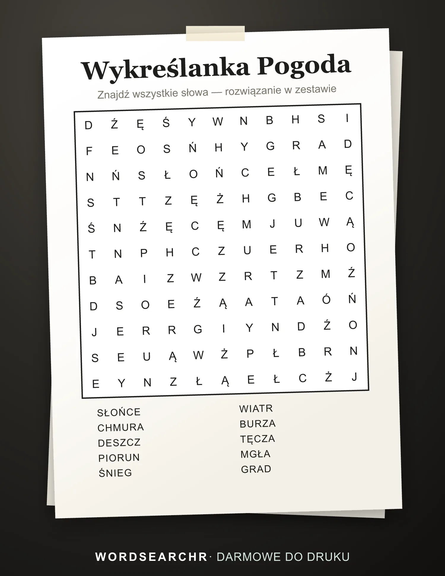 Wykreślanka Pogoda do Druku — 10 słów, Rozwiązanie w zestawie