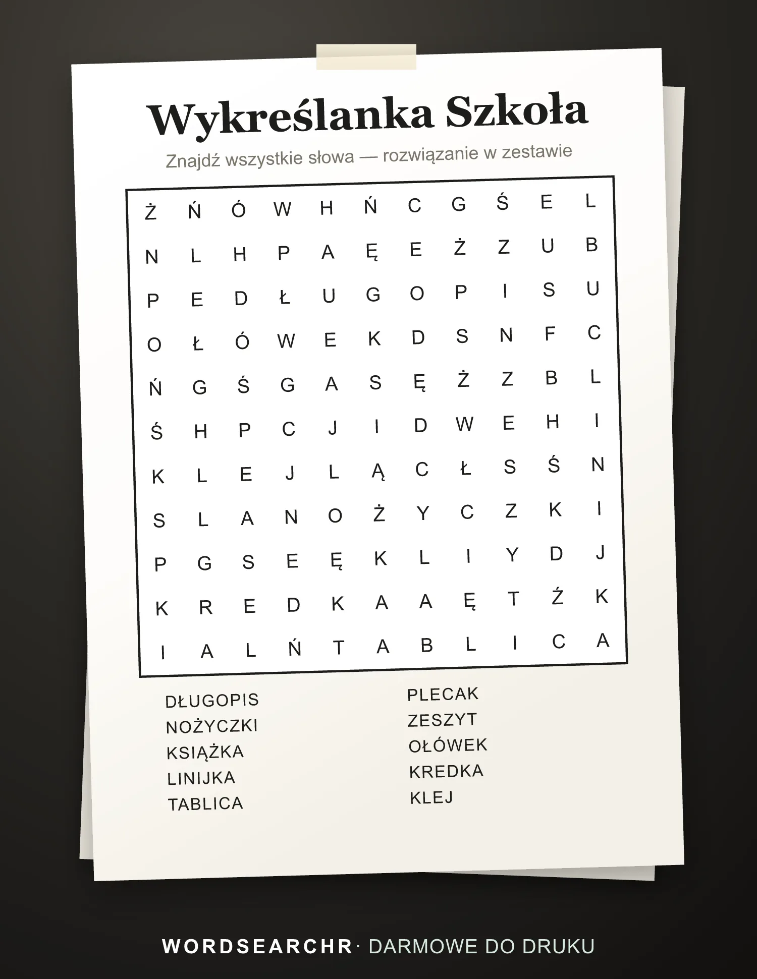 Wykreślanka Szkoła do Druku — 10 słów, Rozwiązanie w zestawie