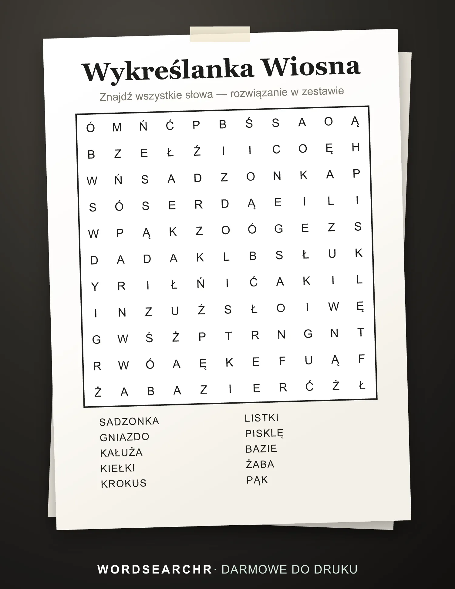 Wykreślanka Wiosna do Druku — 10 słów, Rozwiązanie w zestawie