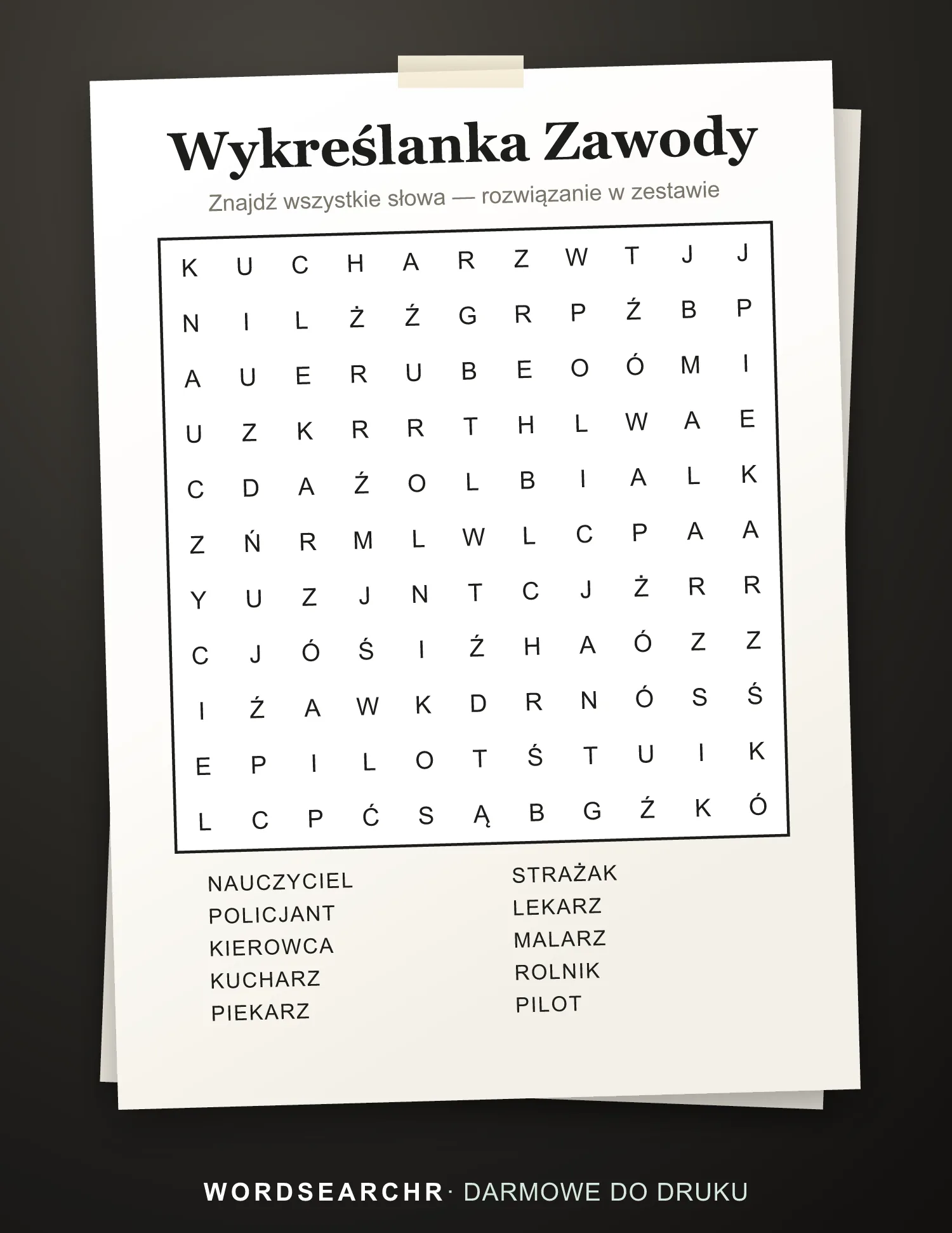 Wykreślanka Zawody do Druku — 10 słów, Rozwiązanie w zestawie