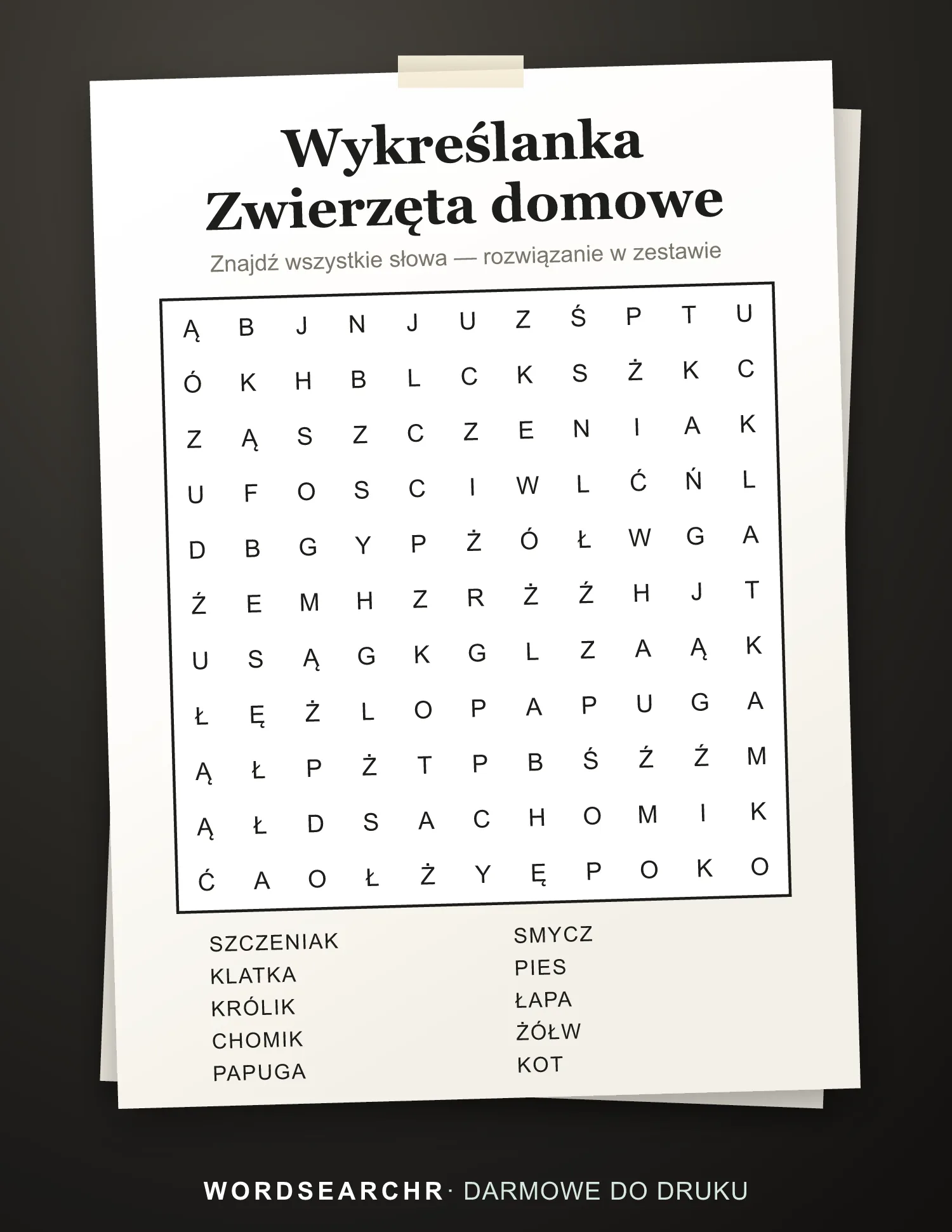 Wykreślanka Zwierzęta domowe do Druku — 10 słów, Rozwiązanie w zestawie