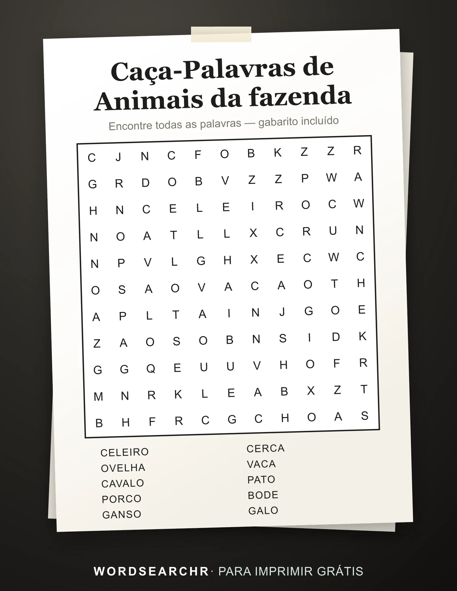 Caça-Palavras de Animais da fazenda para Imprimir — 10 palavras, Gabarito incluído