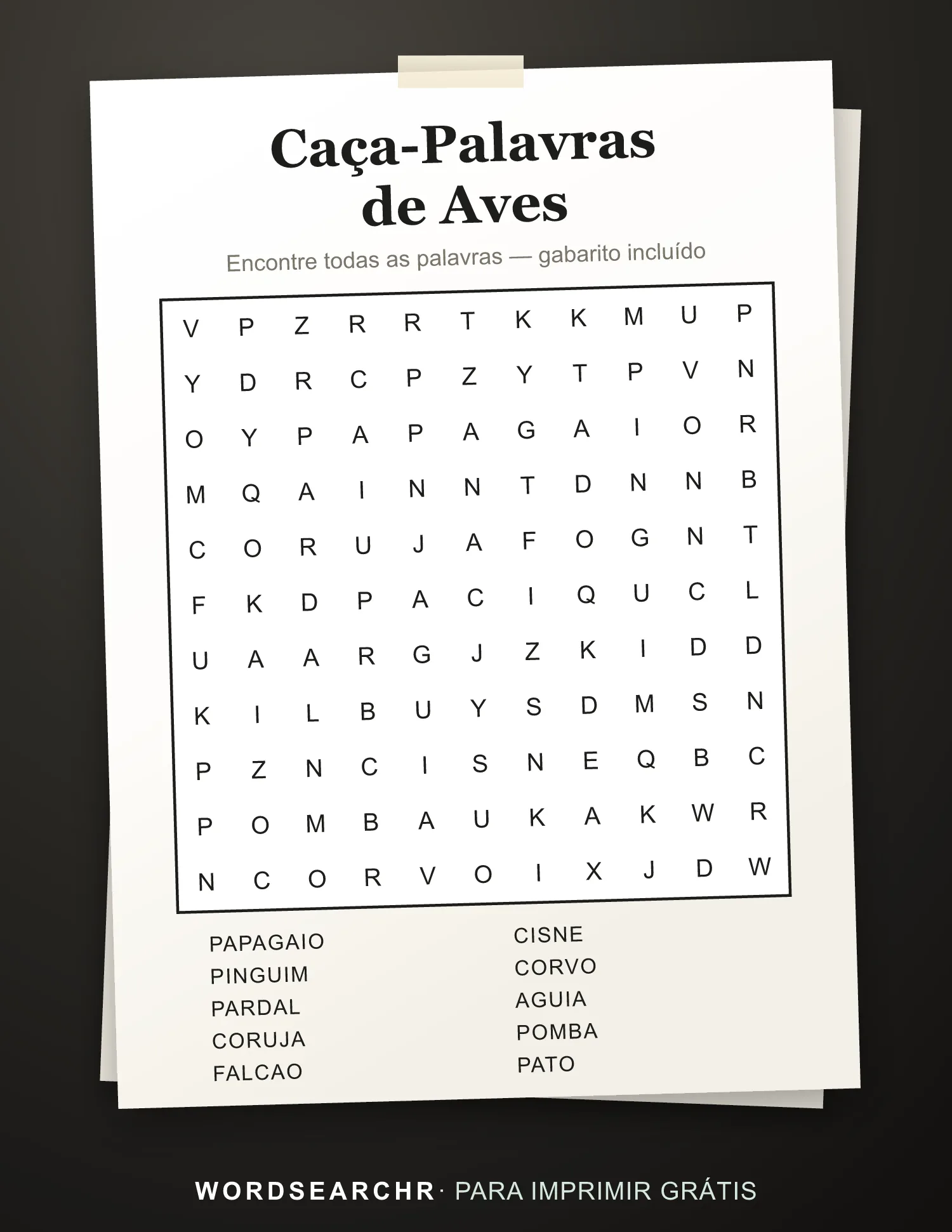 Caça-Palavras de Aves para Imprimir — 10 palavras, Gabarito incluído
