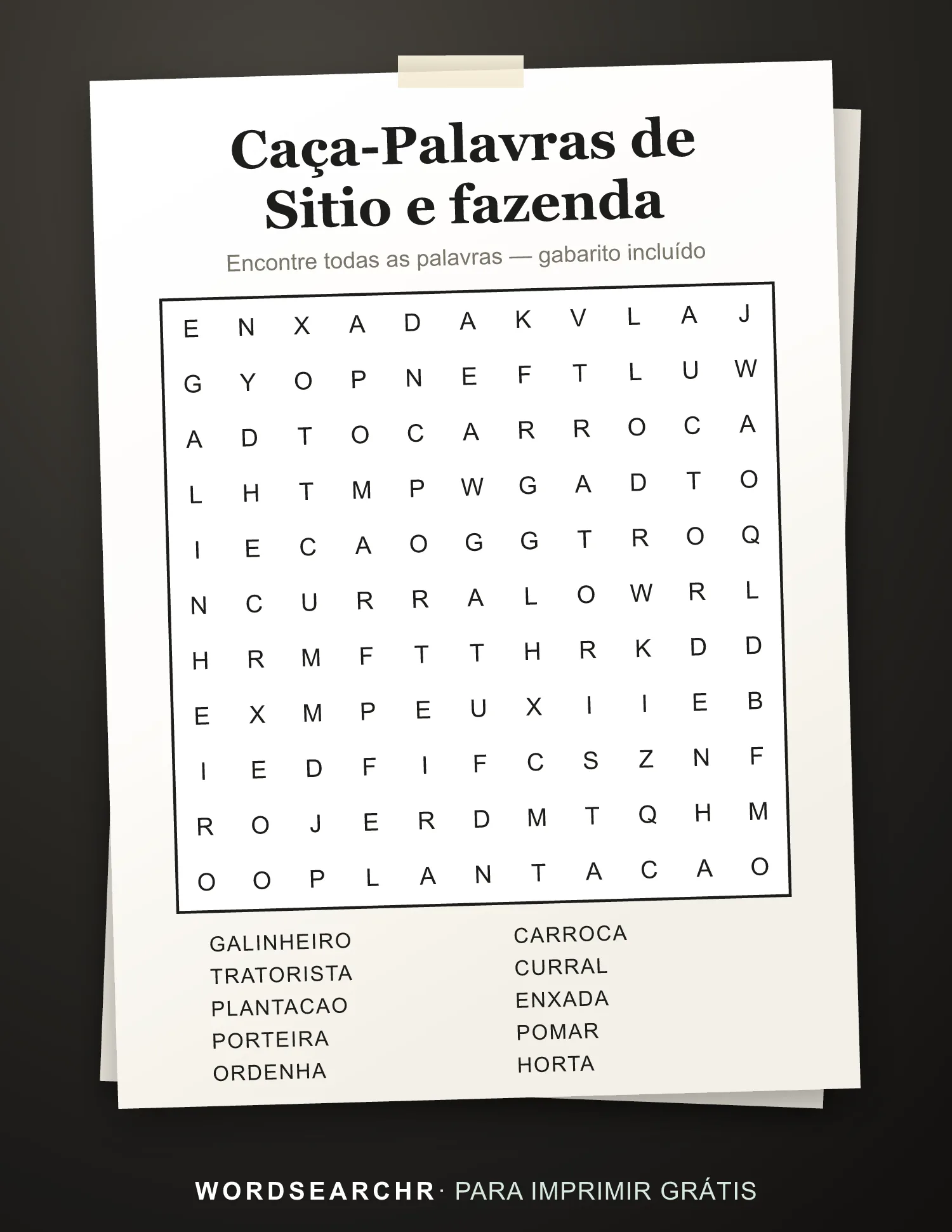 Caça-Palavras de Sitio e fazenda para Imprimir — 10 palavras, Gabarito incluído